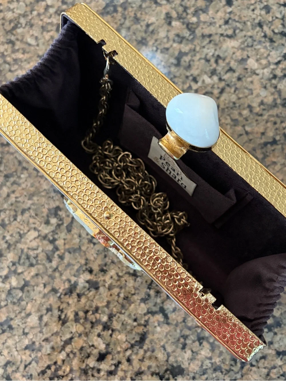 Iridescent Mother-of-Pearl & Gold Geode Frame Clutch